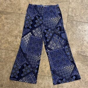Chico's Size 1 Boho Palazzo Wide Leg Blue Navy Cream Geometric Print Pants